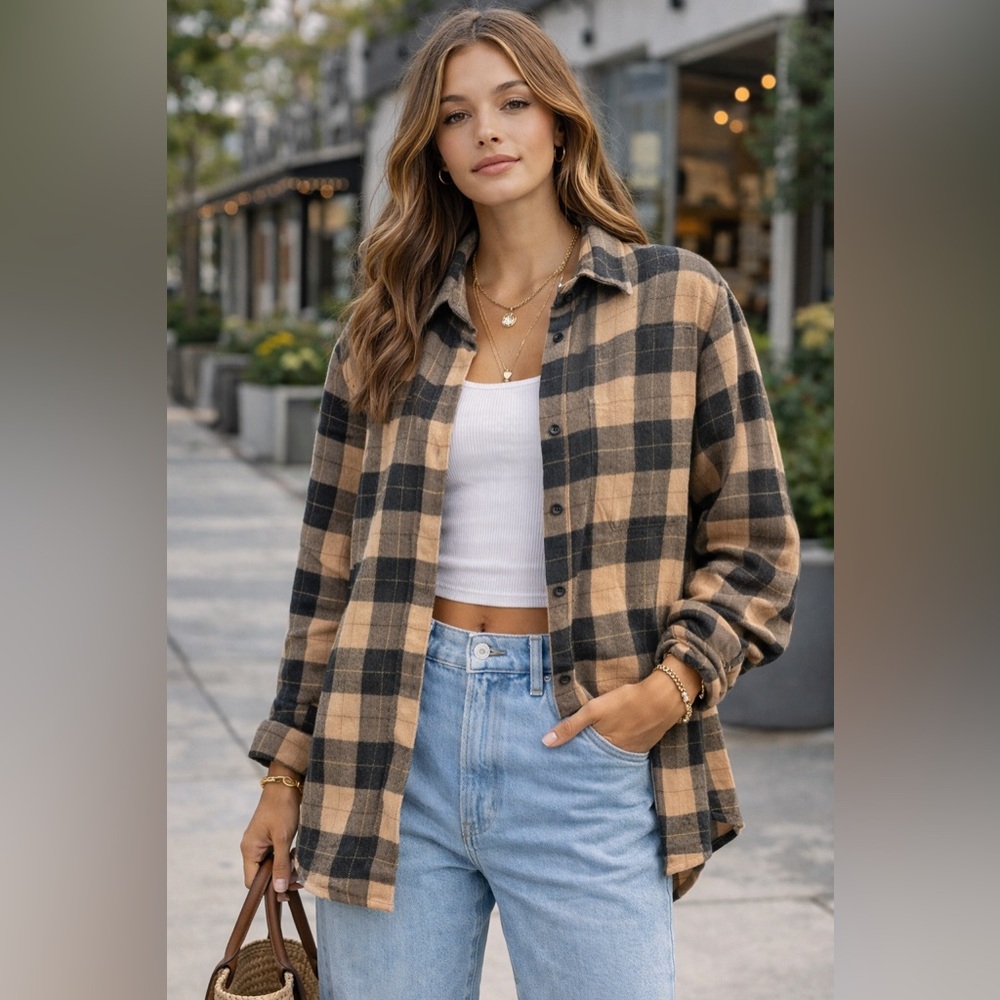 Main Strip Black and Tan Plaid Button-Down Shirt